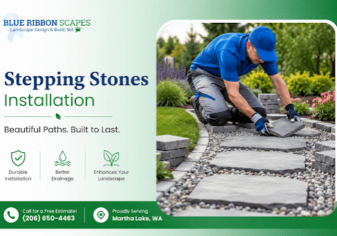Stepping stone pathway installation in a landscaped residential yard