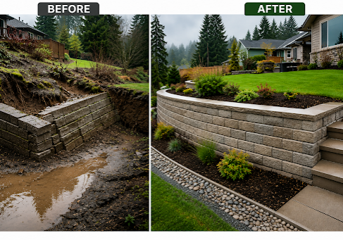 Before-and-after engineered retaining wall installation in Martha Lake, WA.